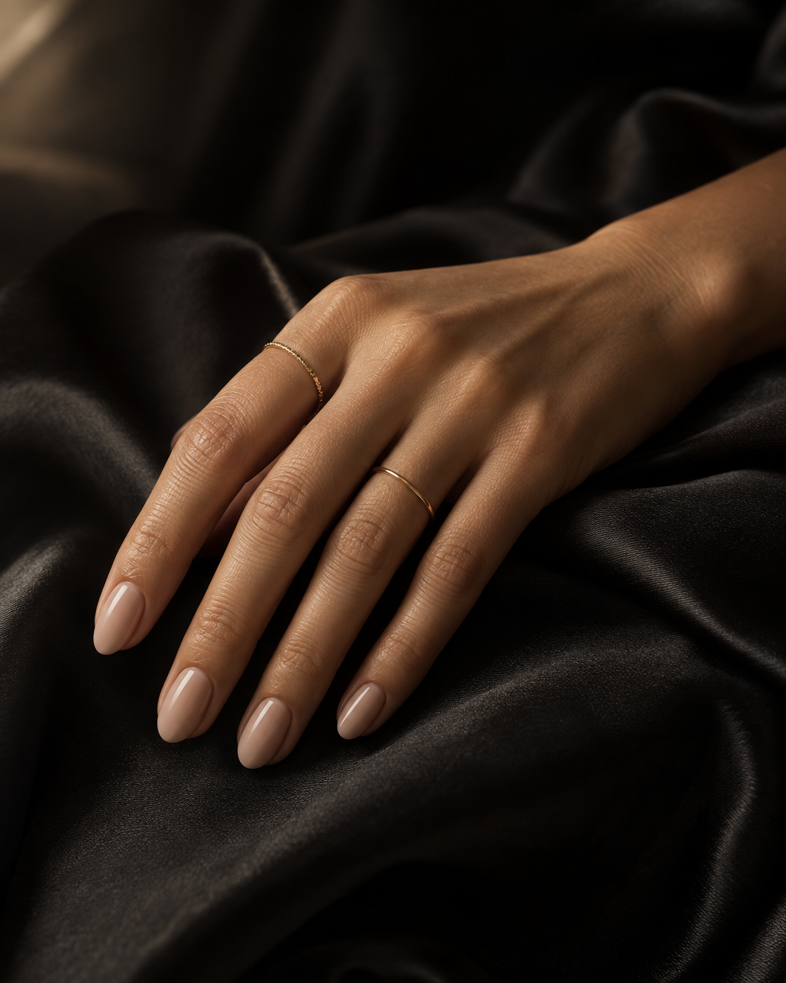 An elegant nude manicure and delicate gold jewellery against a dark background. Illustrative beauty image.